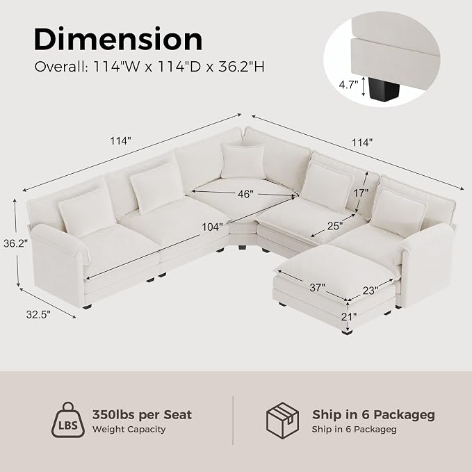 ELUCHANG 114" Oversized V-Shaped Cloud Couch Modular Sectional Sofa - Image 2