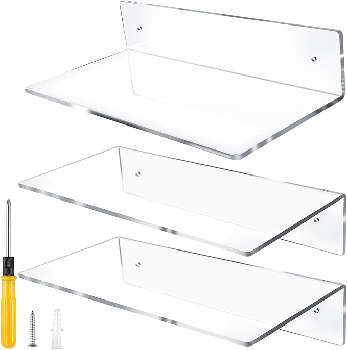 Jansburg 12 Inch L-Shaped Acrylic Floating Shelf Clear Wall Mounted Shelves by Jansburg
