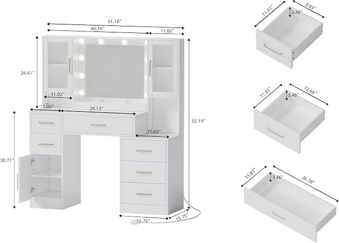 TOKSOM 51" Vanity Desk with Mirror and Lights & Charging Station, Bedroom - Image 3