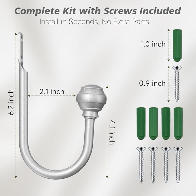 Hion Curtain Holdbacks Silver 4pcs, Curtain Tiebacks Wall Mounted Curtain Hooks - Image 2