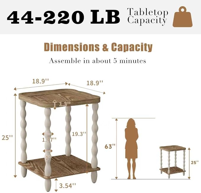 karlott End Table, 2-Tier Farmhouse Side Table, 18.9'' Handcrafted Weathered - Image 2