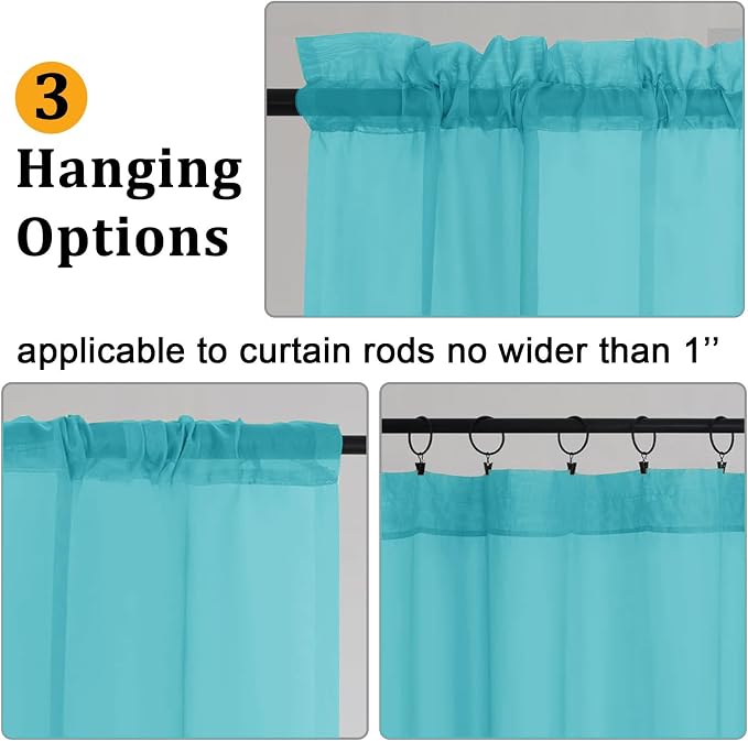 Gwine Turquoise Sheer Kitchen Curtains 36 Inch Length, Light Filtering Voile - Image 4