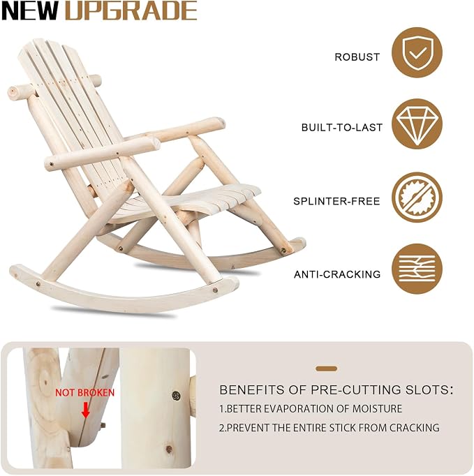 Outvita Wooden Rocking Chair Set of 2, Fir Log Adirondack Rocker, Outdoor Wood - Image 4