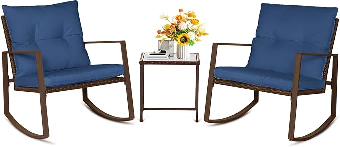 SUNCROWN 3 Piece Outdoor Rocking Bistro Set Brown Wicker Furniture Porch Chairs by HOME