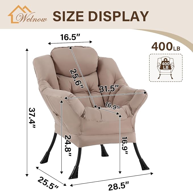 Welnow Khaki Single Lazy Chair for Living Room, Modern Reading Accent Chair - Image 3