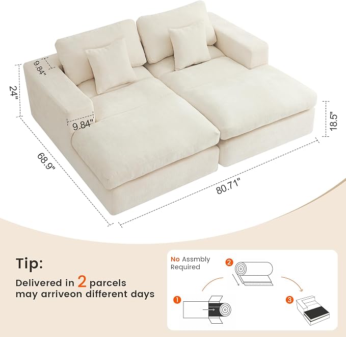 80.7" Oversized Double Chaise Lounge Chair Indoor, Cloud Boneless Sleeper Sofa - Image 3