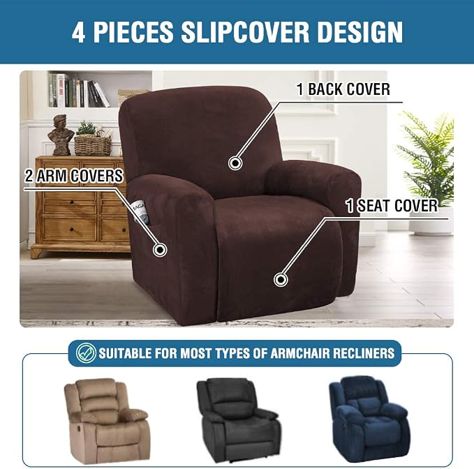 H.VERSAILTEX Velvet Stretch Recliner Couch Covers 4-Pieces Style Recliner Chair - Image 2