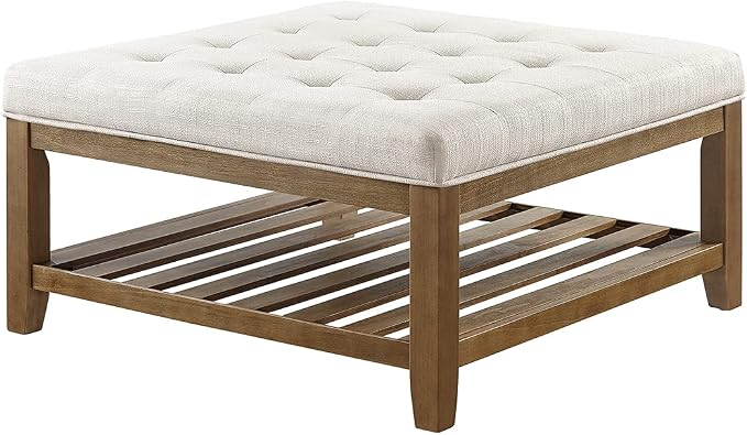 24KF Large Square Upholstered Tufted Linen Ottoman Coffee Table, Large Footrest - Image 3