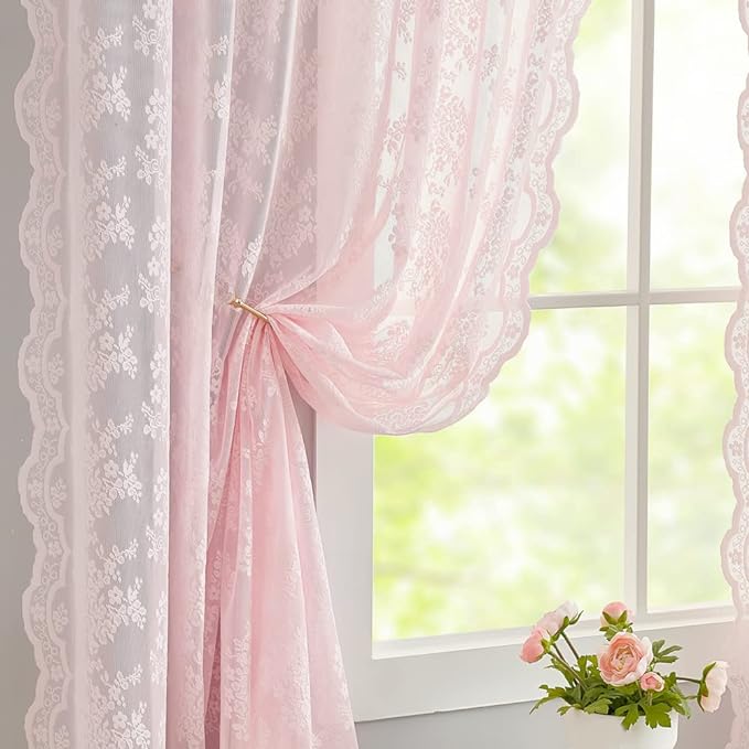 YJ YANJUN Vintage Lace Curtains 84 Inches Long- Pretty Pastel Floral Pink Sheer - Image 5