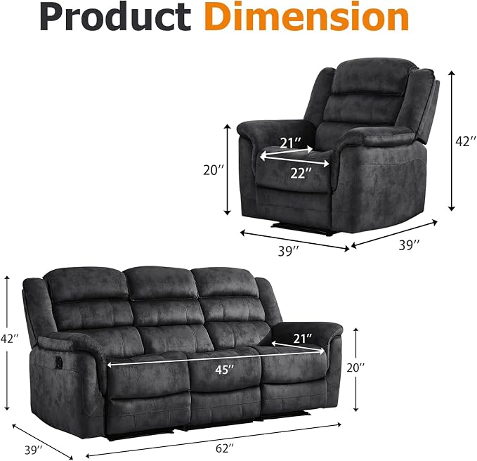EBELLO 3 Pieces Reclining Living Room Set, Soft Fabric Manual Recliner Sofa - Image 2