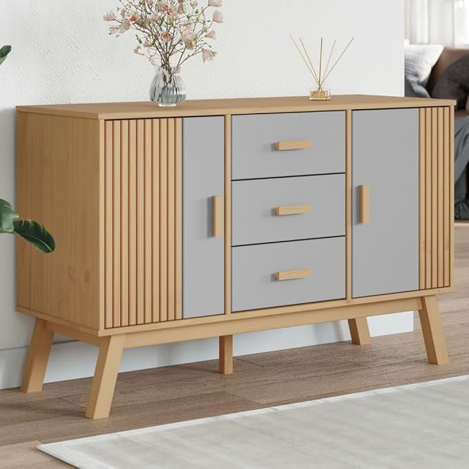 Grey and Brown Sideboard with 3 Drawers and 2 Cabinets Solid Pine Wood by Unknown