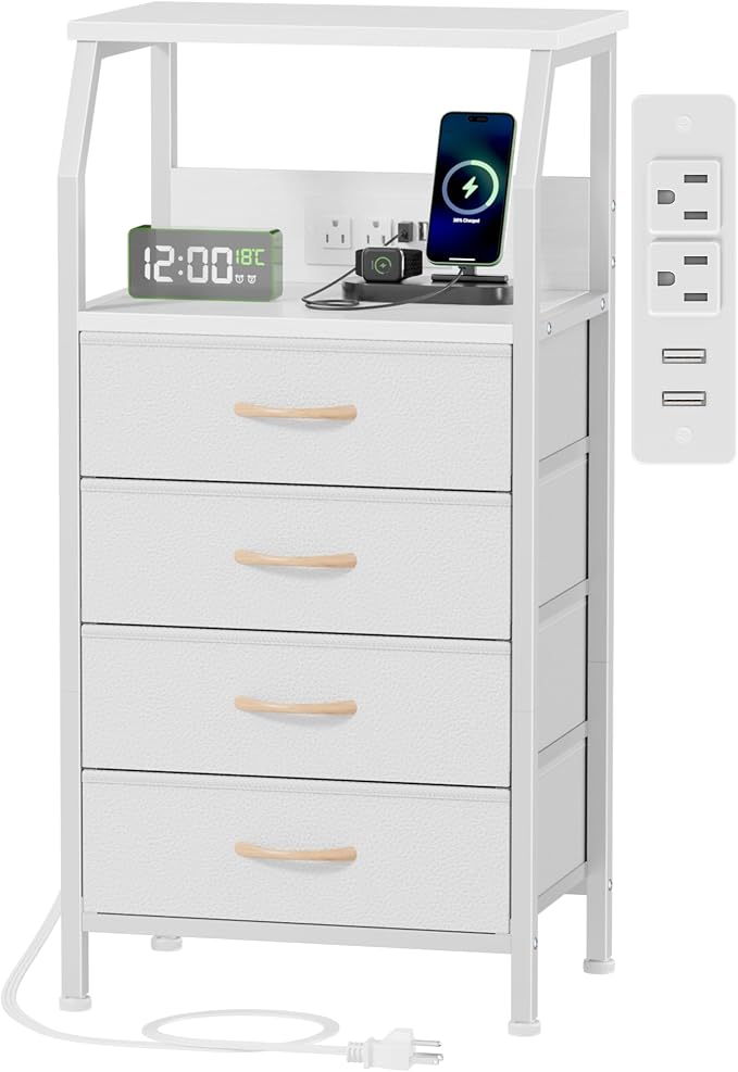 Furnulem Night Stand with Charging Station, Dresser with PVC & Fabric Drawers by Furnulem