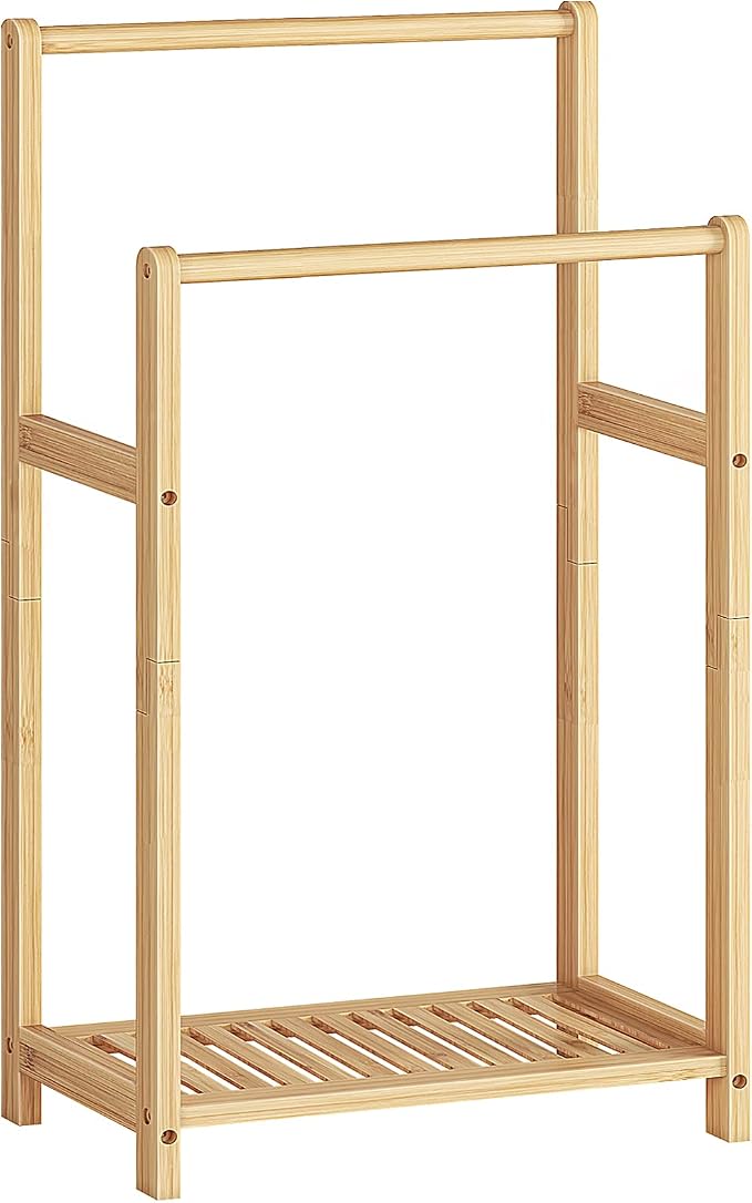 HOOBRO Freestanding Towel Rack for Bathroom, 2 Tier Decorative Bamboo Blanket by HOOBRO