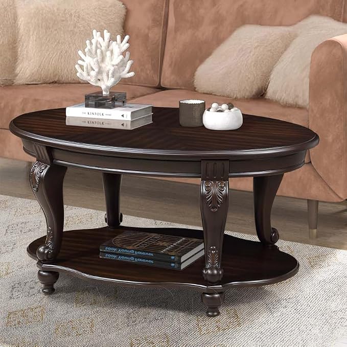 Oval Wood Coffee Table for Living Room, 2-Tier Solid Wood Coffee Table - Image 2