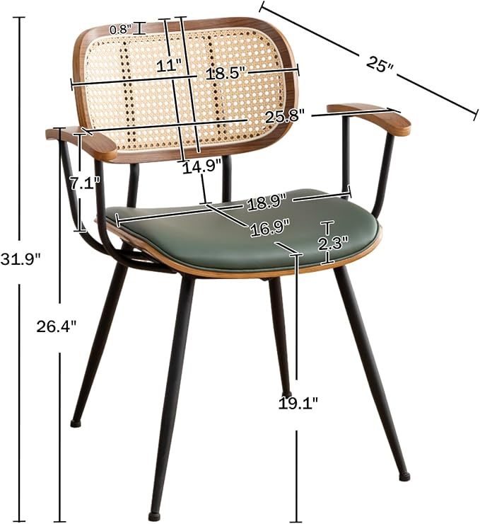 Rattan Dining Room Chairs Set of 2, Mid Century Modern Kitchen Side Chairs - Image 2