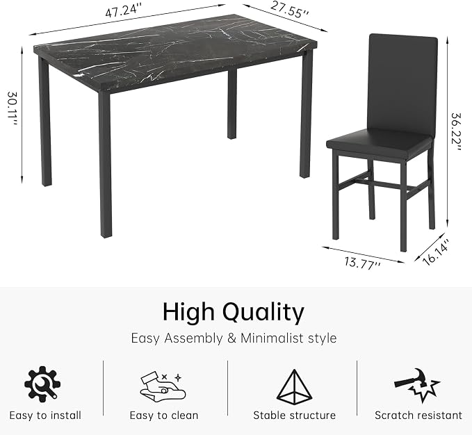 AWQM 5 Piece Dining Table Set for 4, Faux Marble Kitchen Table and Chairs for 4 - Image 2