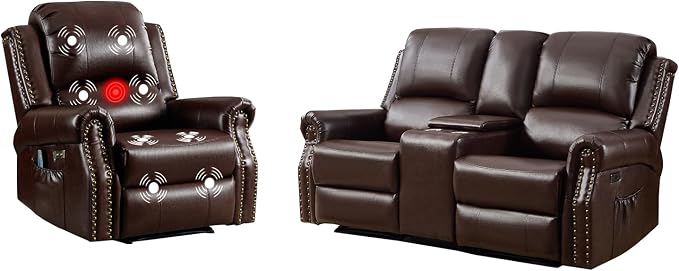 EBELLO 2-Piece Manual Recliner Sofa Set, Faux Leather Message Single Recliner - Image 9
