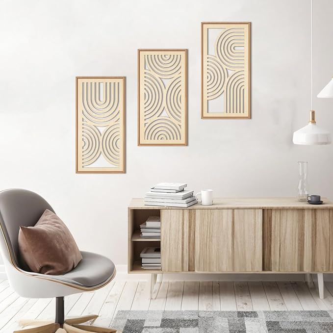 IARTTOP Boho Wooden Framed Wall Art Set of 3 Mid-century Modern Wood Wall Decor - Image 6
