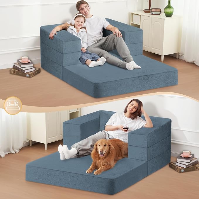 Folding Bean Bag Chair for Adults, 3-in-1 Bean Bag Couch Faux Fur Floor Sofa - Image 5