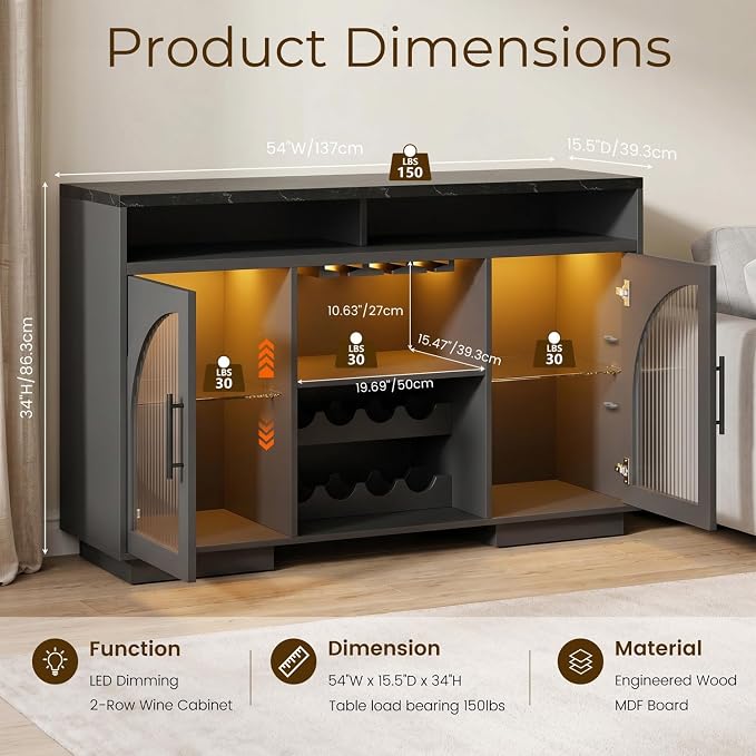 Wine Bar Cabinet 54", Arched Glass Doors, Wine Rack, Adjustable Shelves - Image 2