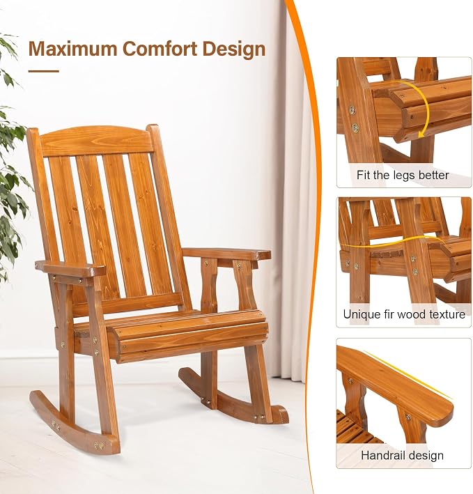 VINGLI Heavy Duty 600 LBS Outdoor Wooden Rocking Chair - Image 6