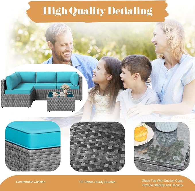 JAMFLY 5-Piece Patio Furniture Set, All-Weather Wicker Outdoor Sectional Sofa - Image 6