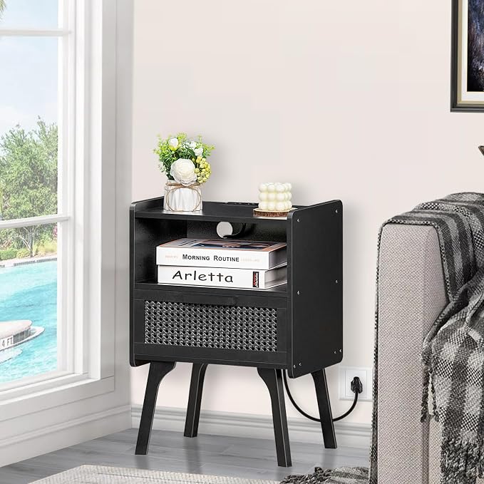 Lerliuo Rattan Nightstand with Charging Station, Side Table with Drawer Open - Image 6