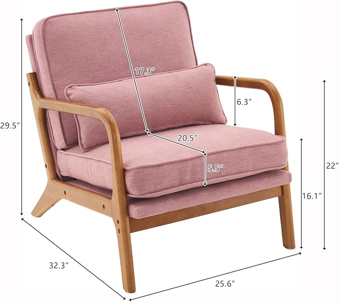VINGLI Linen Pink Comfy Accent Chair, Mid Century Modern Lounge Armchair - Image 2