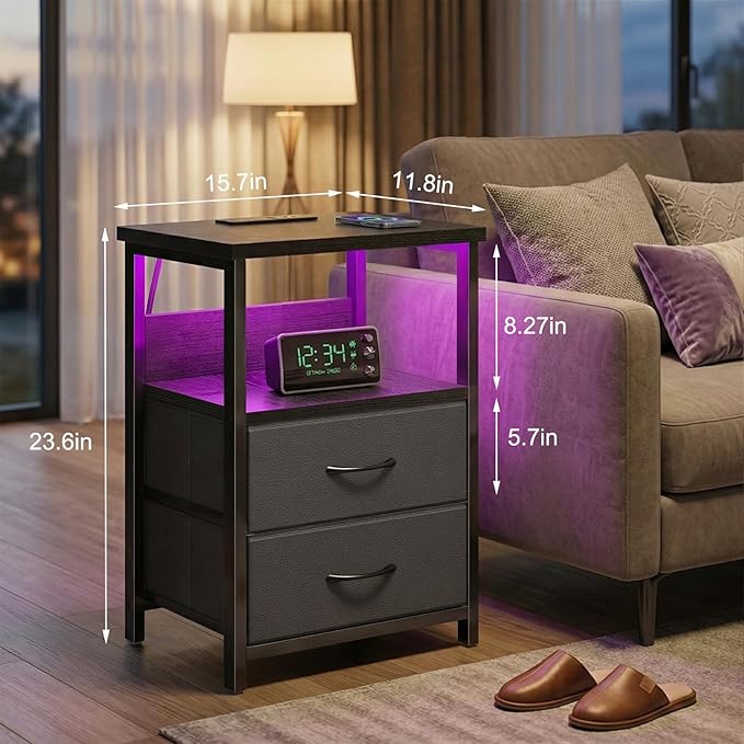 Fixwal Night Stand with Charging Station, LED Nightstand with U-S-B Ports and - Image 3