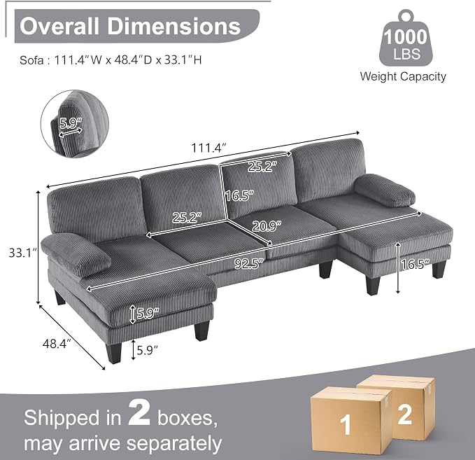 Karl home U-Shape Sectional Sofa Couch 111" Modern 4-Seat Sofa - Image 2