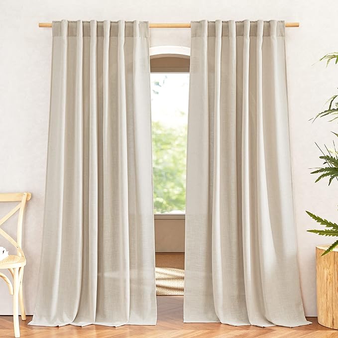 NICETOWN Linen Cream Curtains 108 inches Long, Rod Pocket & Back Tab Flax Linen by NICETOWN