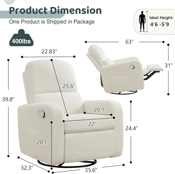Swivel Rocker Recliner, Oversized Boucle Glider Recliner Nursery, Manual Swivel - Image 2