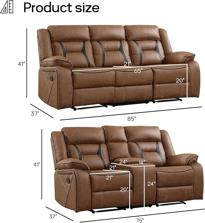 EBELLO Manual Recliner Sofa Set, Faux Leather Reclining Living Room Furniture - Image 2