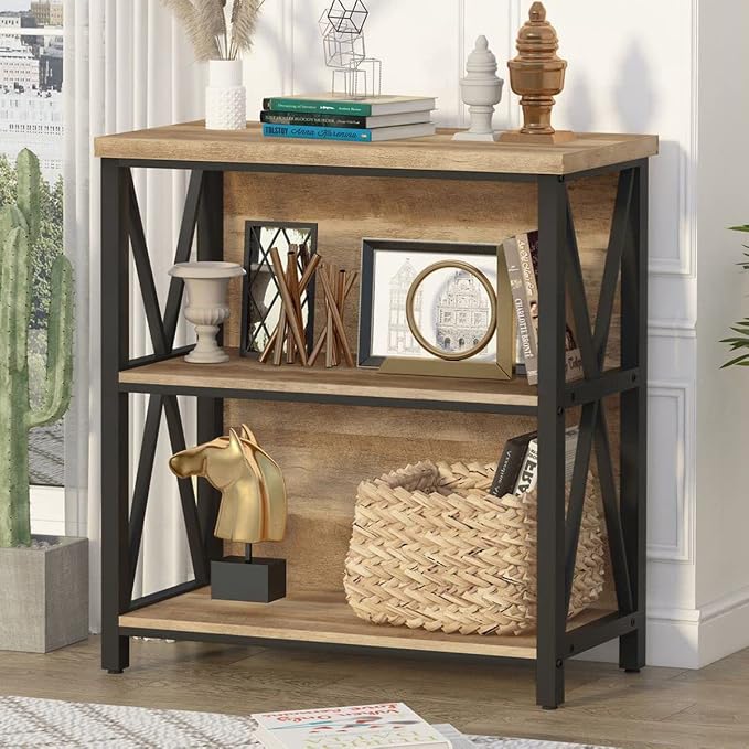 FATORRI Small Bookcase, Wood and Metal Low Short Bookshelf, Industrial Book by FATORRI