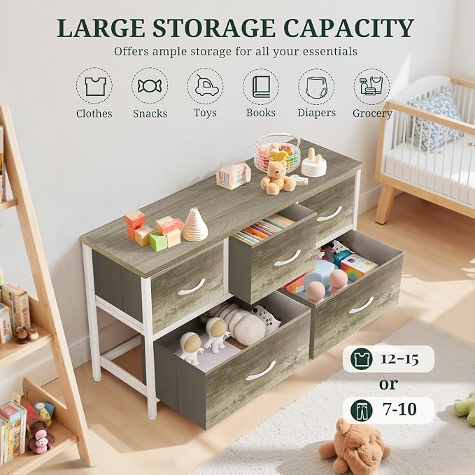 5-Drawer Dresser for Bedroom, Anti-Tip Wide Storage Organizer Fabric Chest of - Image 5