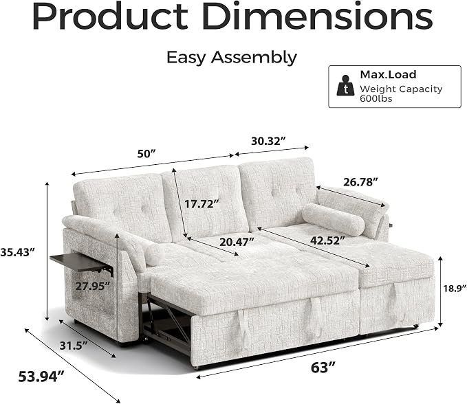 Convertible Sleeper Sofa Bed, 63 Inch Chenille Pull Out Couch - Image 2