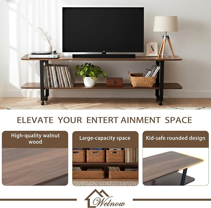 Welnow Walnut TV Stand for 65" TV, Mid Century Modern Entertainment Center - Image 3