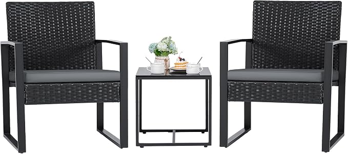 Flamaker 3 Pieces Patio Set Outdoor Wicker Furniture Modern Bistro Rattan Chair by Flamaker