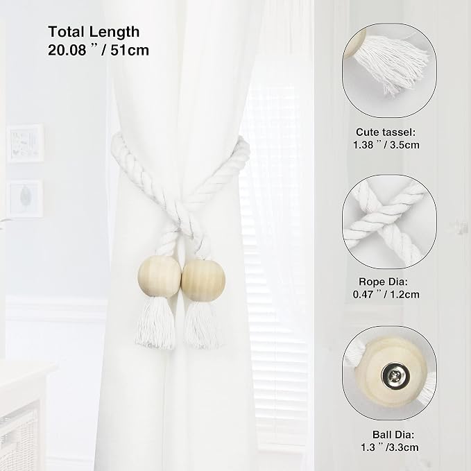 2 Pack Magnetic Curtain Tiebacks Cotton Hand Woven Tie Back Decorative Rope - Image 3