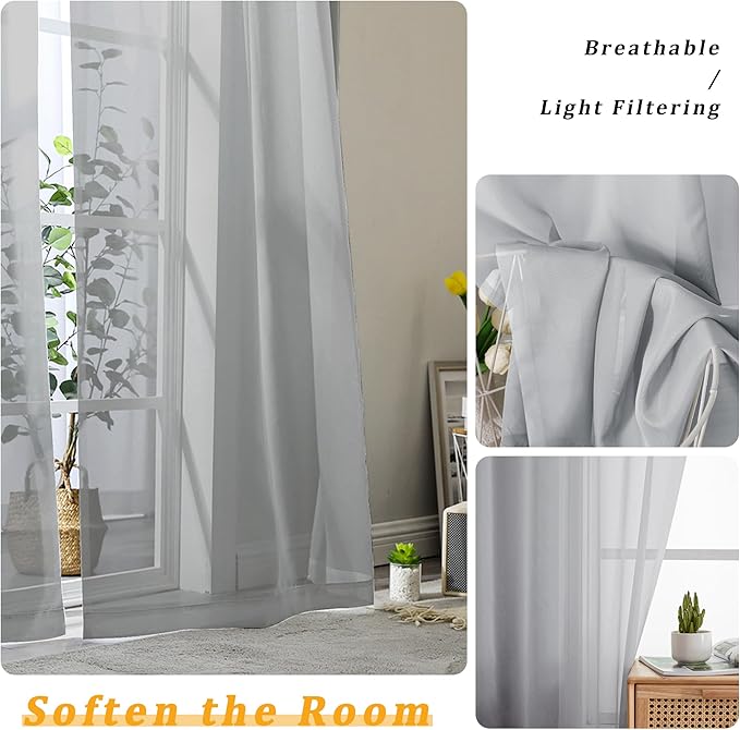 Gwine Light Grey Sheer Curtains 96 Inches Long 2 Panels, Elegant Window - Image 3
