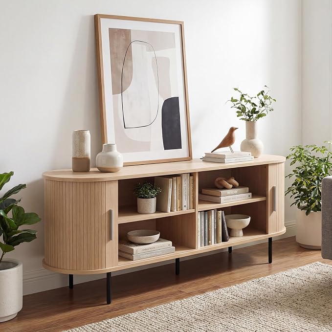 Tangkula Fluted TV Stand for TVs up to 60”, Mid Century Curved Entertainment - Image 4