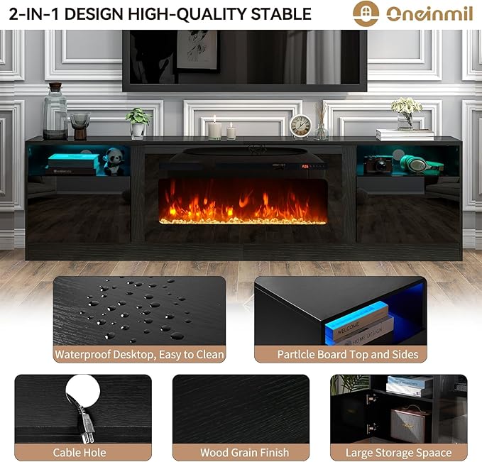 oneinmil 90” TV Stand with 50” Electric Fireplace, Large Modern Media - Image 6