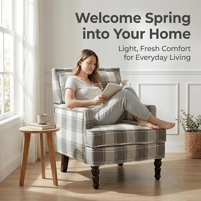 Plaid Accent Chair, Mid-Century Modern Armchair, Upholstered Decorative Reading - Image 4