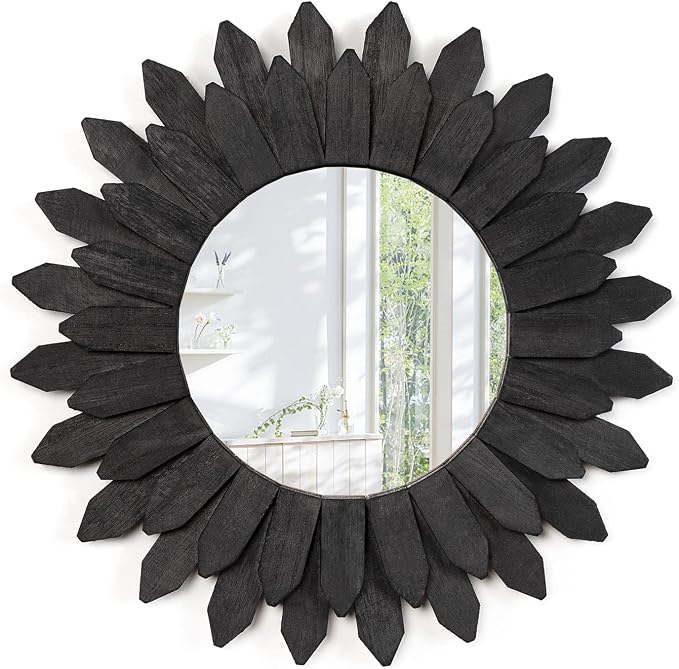 Emfogo Wall Mirror 12 inch Rustic Wood Sunburst Boho Mirror Farmhouse Wall by Emfogo