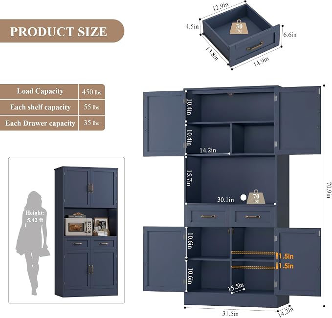 HOSTACK 71“ Tall Kitchen Pantry Storage Cabinet, Modern Kitchen Hutch Bar - Image 3