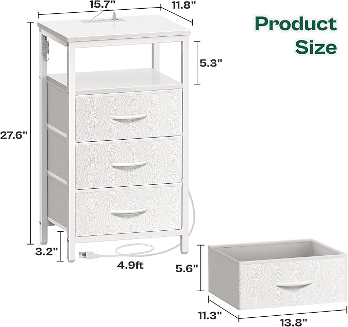 Huuger Night Stand with Charger Station and LED Lights, 3 Drawer Nightstand - Image 3