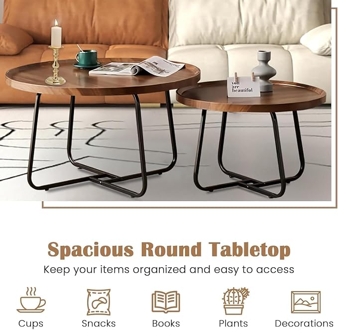 Round Nesting Coffee Table Set of 2, Mid Century Modern, Center - Image 8