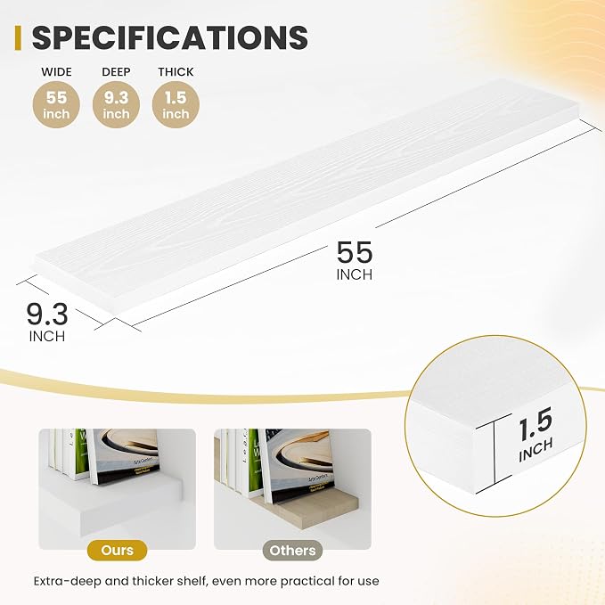 Acovy 55 Inch Floating Shelves, 9.3" Deep Floating Shelf Wall Mounted, Rustic - Image 3