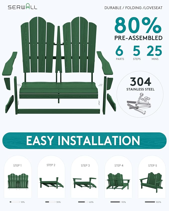 SERWALL Folding Adirondack Bench, HDPE All-Weather Adirondack Loveseat - Image 8