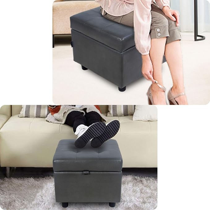 H&B Luxuries Tufted Leather Square Flip Top Storage Ottoman Cube Foot Rest - Image 7